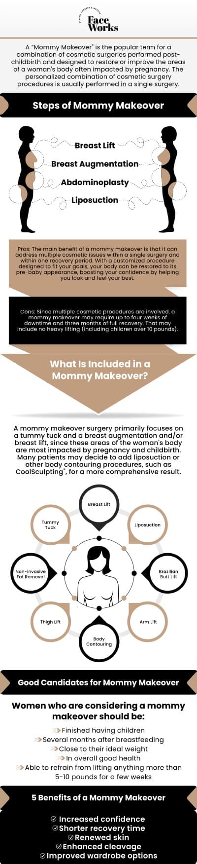 At Face Works Plastic Surgery, our team understands the physical changes and emotional journey that come with motherhood. That’s why we offer customized Mommy Makeover procedures designed to restore your pre-pregnancy body and confidence. Serving new moms with compassion and expertise, our specialists combine multiple treatments—such as tummy tucks, breast enhancement, and liposuction—into one personalized plan. For more information, contact us or request an appointment online. We are conveniently located at 501 W Golf Rd A, Schaumburg, IL 60195.