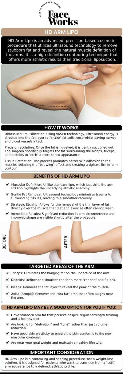 Our team at Face Works Plastic Surgery offers HD Arm LIPO, a precision body contouring procedure that targets stubborn fat in the arms for a sleek, toned look. Using advanced techniques, Dr. Dillon helps patients achieve a more sculpted arm appearance, with results that are natural, smooth, and long-lasting. For more information, contact us or book an appointment online. We are conveniently located at 501 W Golf Rd A, Schaumburg, IL 60195.