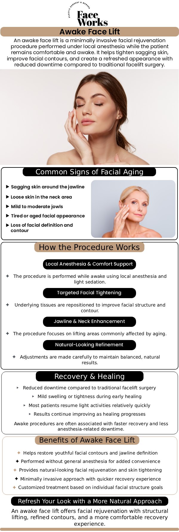 If you are searching for the best awake facelift specialists serving Chicago and Schaumburg, IL, finding a highly qualified clinic is essential for safe, beautiful results. To fully understand the incredible benefits of minimally invasive facial rejuvenation, it is important to see how our team at Face Works Plastic Surgery customizes our exclusive AwakeTight™ treatments for each patient. By choosing advanced, natural-looking contouring performed comfortably under local anesthesia, you can easily restore your youthful appearance with significantly less downtime than traditional surgery. For more information, contact us or request an appointment online. We are conveniently located at 501 W Golf Rd A, Schaumburg, IL 60195.