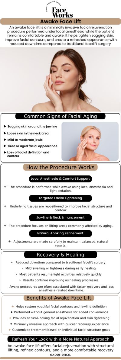 If you are searching for the best awake facelift specialists serving Chicago and Schaumburg, IL, finding a highly qualified clinic is essential for safe, beautiful results. To fully understand the incredible benefits of minimally invasive facial rejuvenation, it is important to see how our team at Face Works Plastic Surgery customizes our exclusive AwakeTight™ treatments for each patient. By choosing advanced, natural-looking contouring performed comfortably under local anesthesia, you can easily restore your youthful appearance with significantly less downtime than traditional surgery. For more information, contact us or request an appointment online. We are conveniently located at 501 W Golf Rd A, Schaumburg, IL 60195.