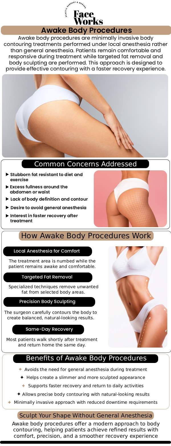At FaceWorks Plastic Surgery, our team is dedicated to providing state-of-the-art cosmetic enhancements using minimally invasive techniques that prioritize your comfort and safety. We understand that traditional surgeries can be daunting, which is why we specialize in innovative awake surgical methods tailored to your specific aesthetic goals. Our Schaumburg clinic proudly serves the greater Chicago area, offering exceptional results with significantly reduced downtime. For more information, contact us or request an appointment online. We are conveniently located at 501 W Golf Rd A, Schaumburg, IL 60195.
