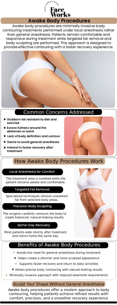 At FaceWorks Plastic Surgery, our team is dedicated to providing state-of-the-art cosmetic enhancements using minimally invasive techniques that prioritize your comfort and safety. We understand that traditional surgeries can be daunting, which is why we specialize in innovative awake surgical methods tailored to your specific aesthetic goals. Our Schaumburg clinic proudly serves the greater Chicago area, offering exceptional results with significantly reduced downtime. For more information, contact us or request an appointment online. We are conveniently located at 501 W Golf Rd A, Schaumburg, IL 60195.