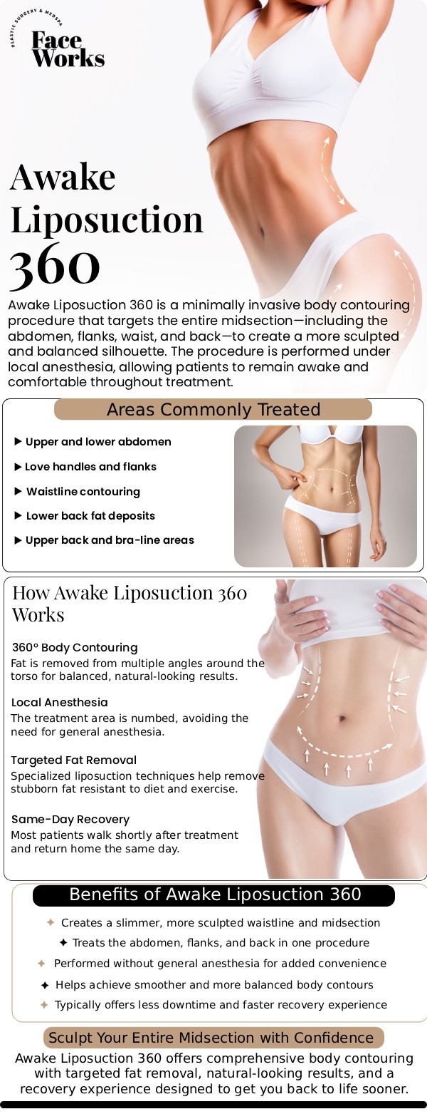 Transform your body with Awake Liposuction 360 at Face Works Plastic Surgery in Schaumburg, IL — a minimally invasive procedure performed without general anesthesia. Under the expert guidance of our team, this advanced technique targets multiple areas around the torso, including the abdomen, flanks, and back, for a more sculpted and balanced silhouette. For more information, contact us or request an appointment online. We are conveniently located at 501 W Golf Rd A, Schaumburg, IL 60195.