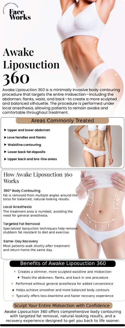 Transform your body with Awake Liposuction 360 at Face Works Plastic Surgery in Schaumburg, IL — a minimally invasive procedure performed without general anesthesia. Under the expert guidance of our team, this advanced technique targets multiple areas around the torso, including the abdomen, flanks, and back, for a more sculpted and balanced silhouette. For more information, contact us or request an appointment online. We are conveniently located at 501 W Golf Rd A, Schaumburg, IL 60195.